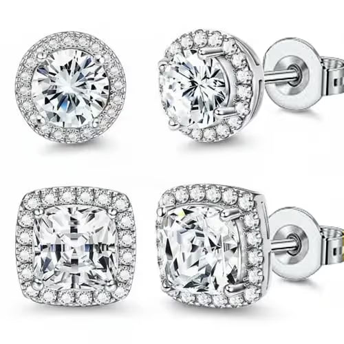 Halo Stud Earrings 4-Pack- Gold & Silver Round/Square Styles