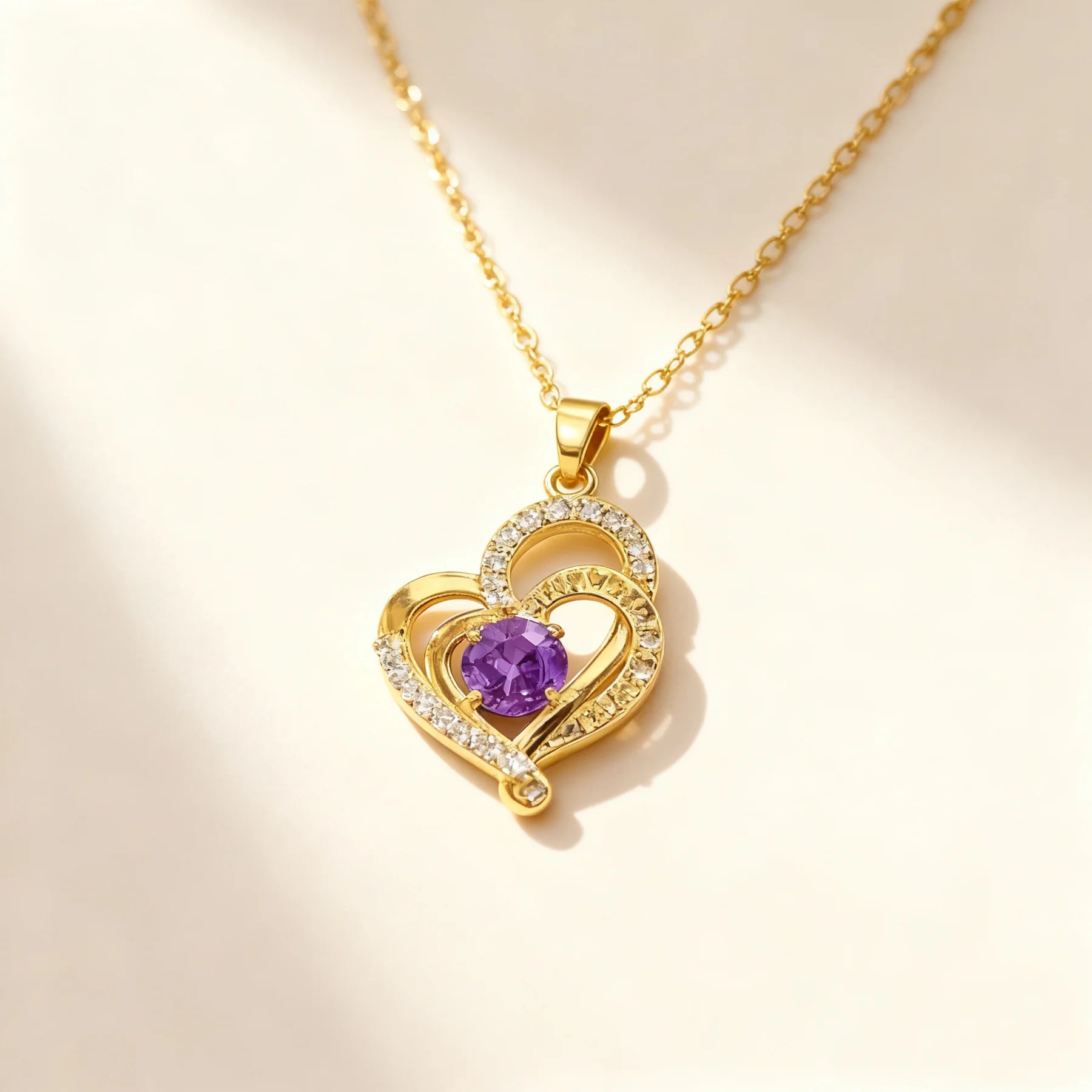 Double Heart Amethyst Pendant Necklace