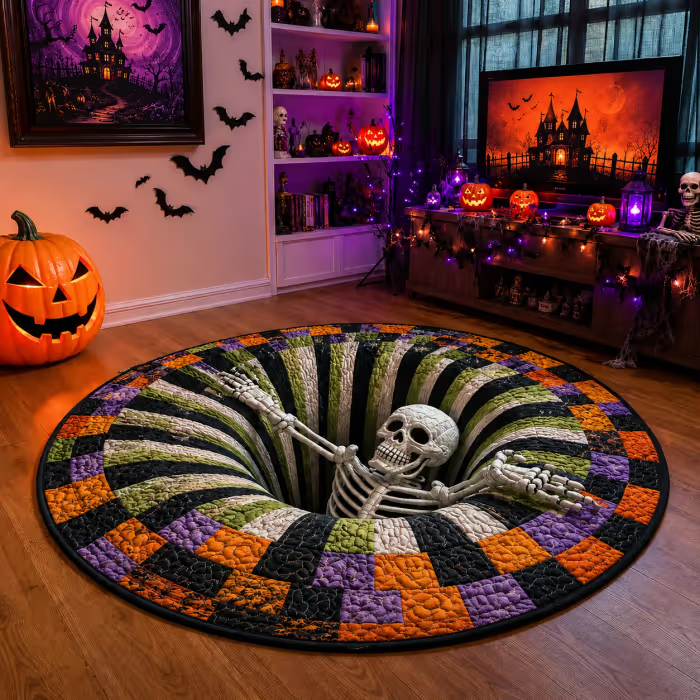 🎉 🎃3D Skeleton Vortex Quilted Round Halloween Rug