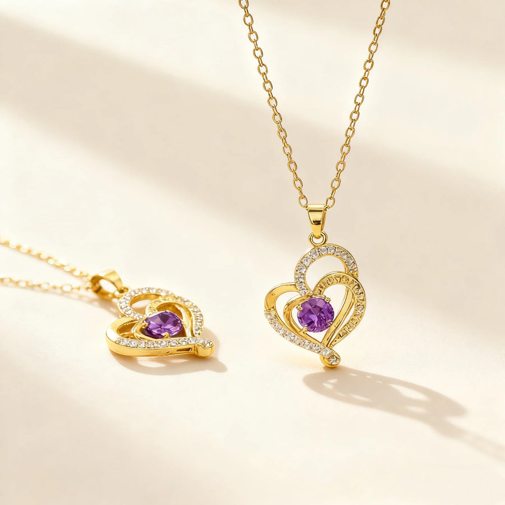 Double Heart Amethyst Pendant Necklace