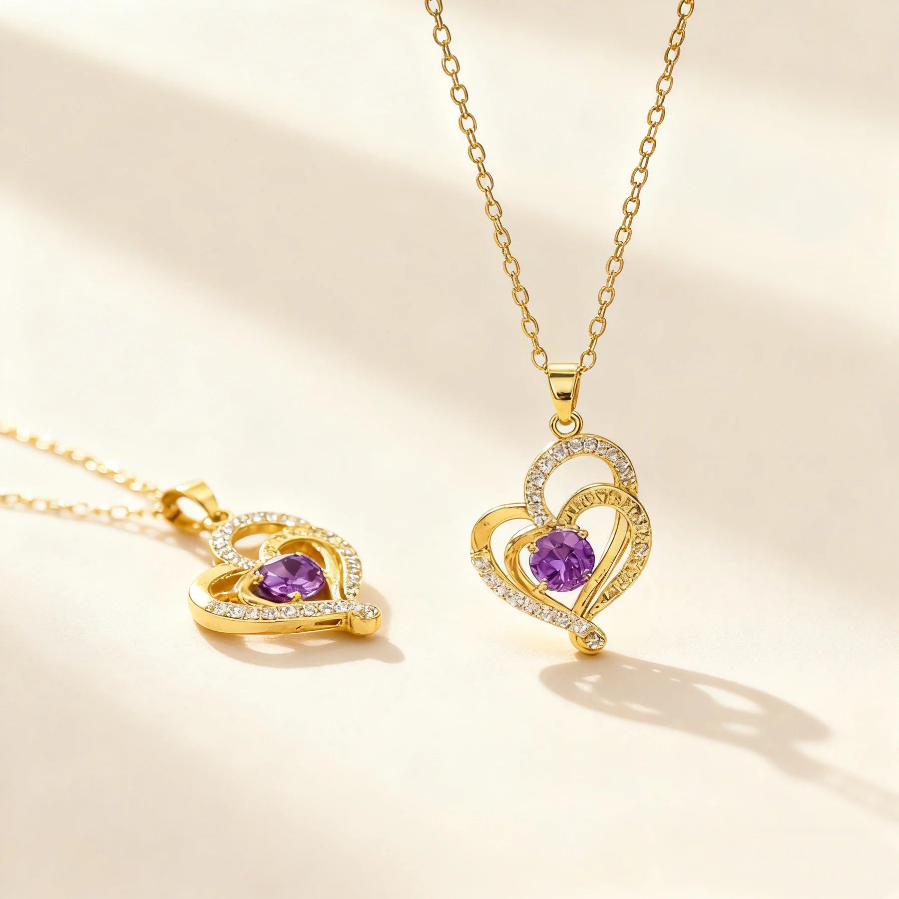 Double Heart Amethyst Pendant Necklace