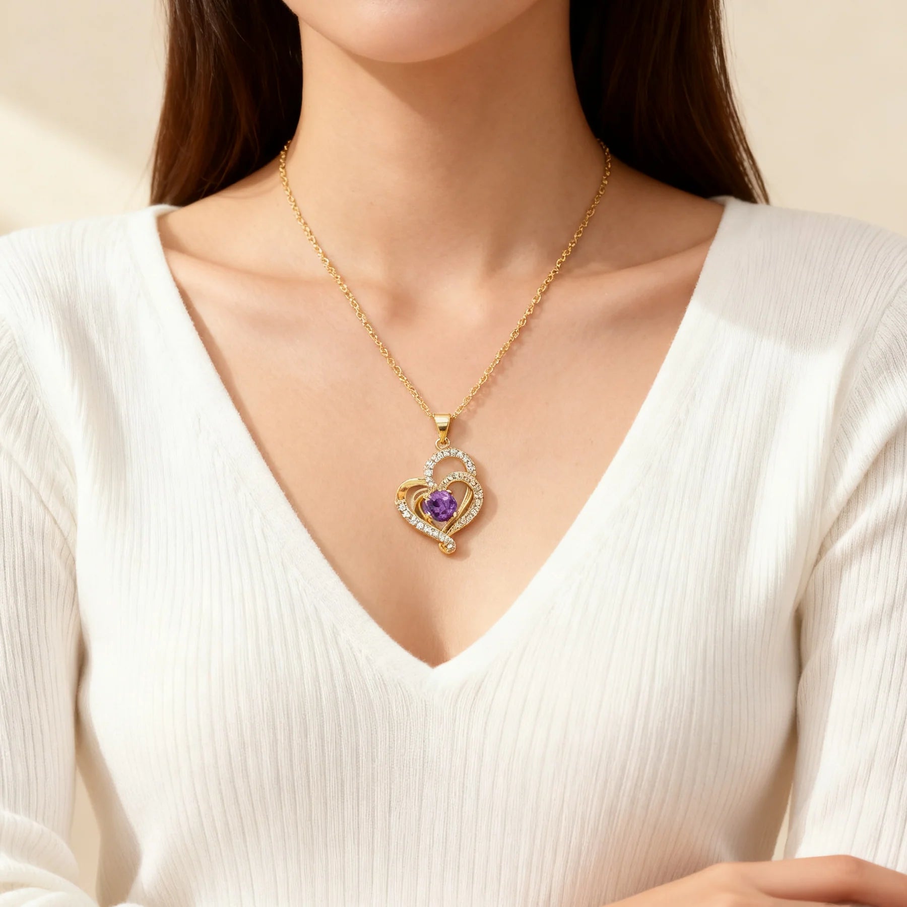 Double Heart Amethyst Pendant Necklace