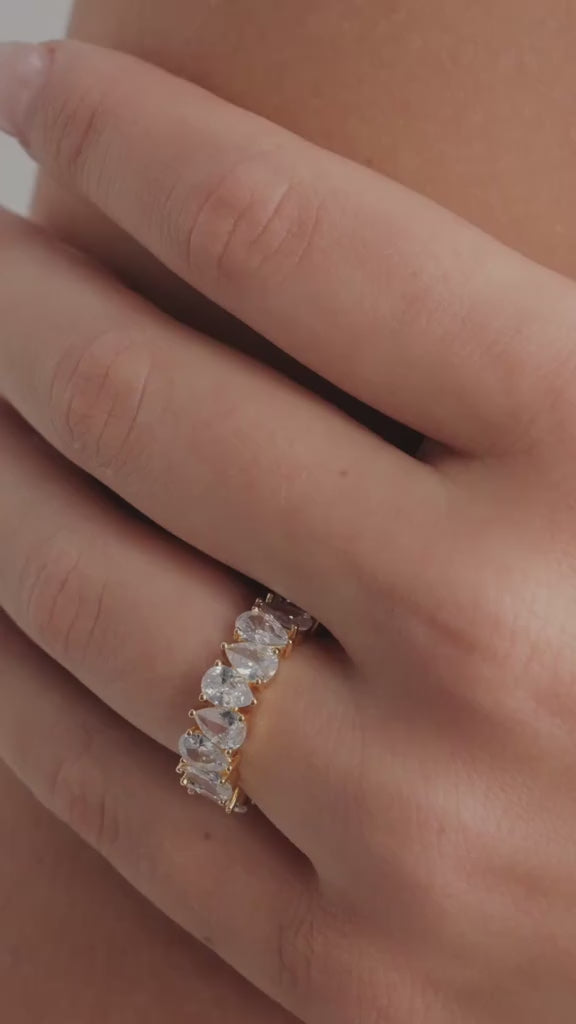 14K Gold Plated Pear Love Eternity Rings for Women - Gold Cubic Zirconia Ring - Bridal Eternity Wedding Band Ring